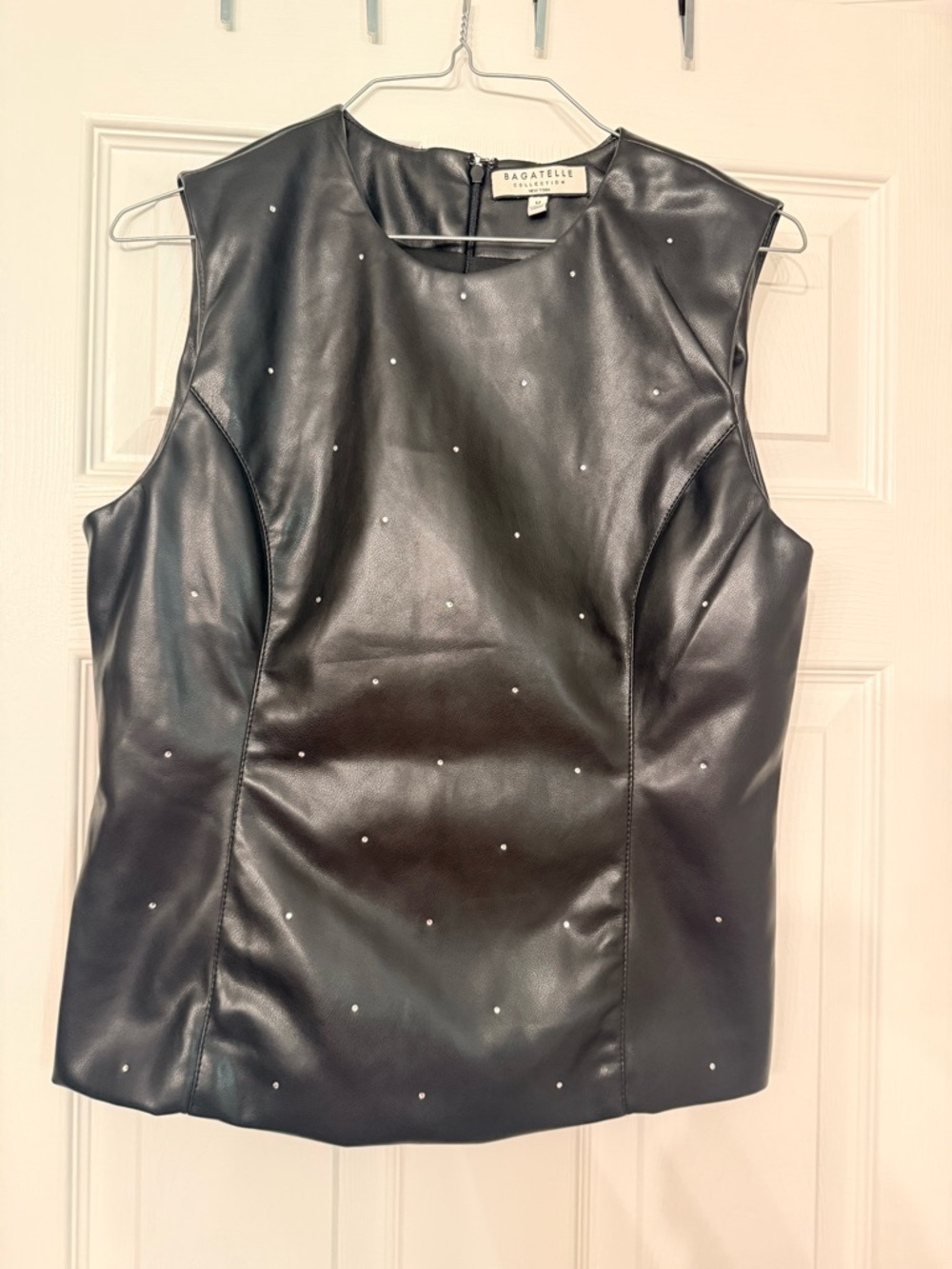 Bagatelle Black Faux Leather Rhinestone Studded Zip Top